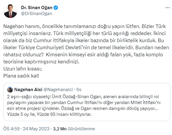 Sinan Oğan'dan Nagehan Alçıya flaş yanıt: Plana sadık kal!